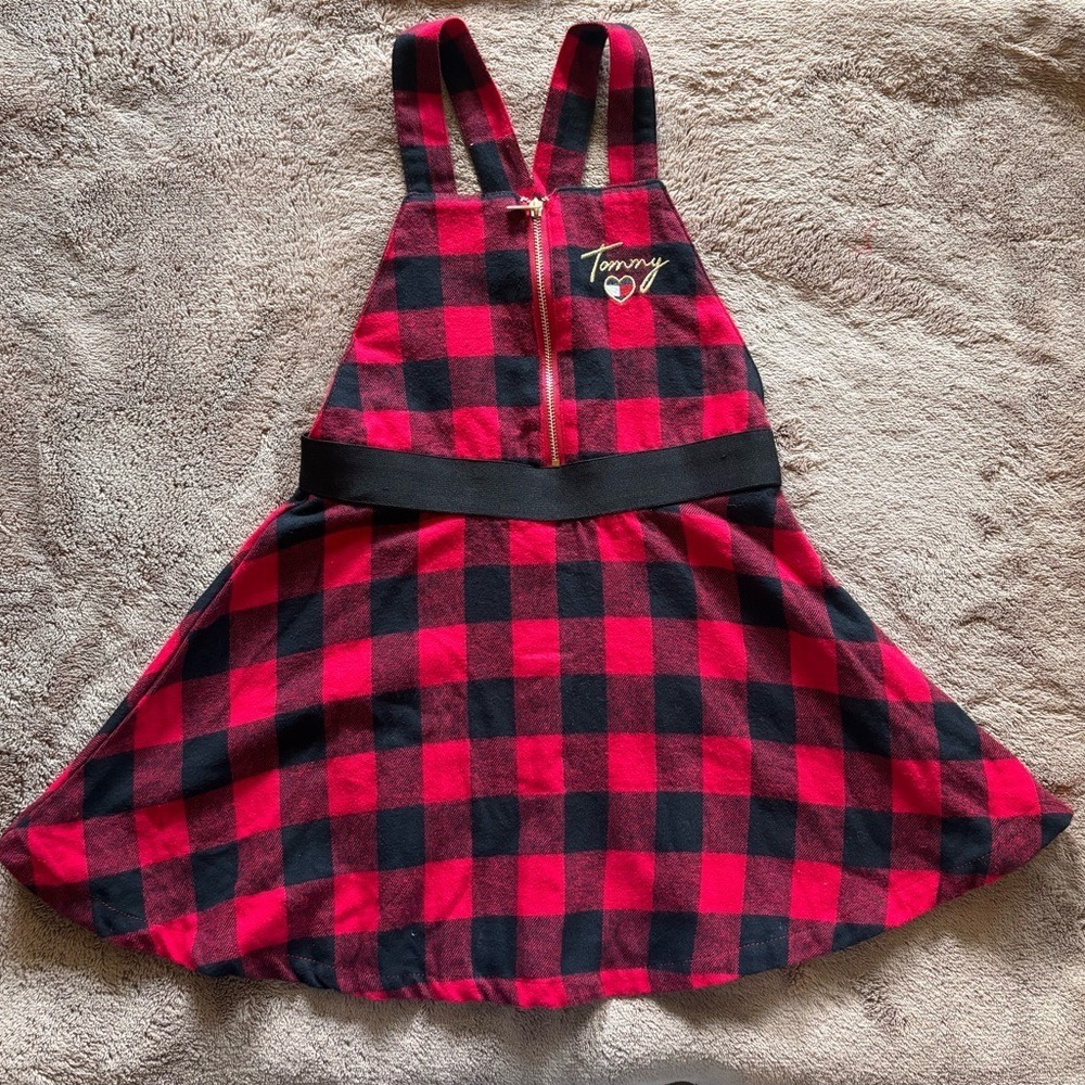 Tommy Hilfiger Girls Red Black Buffalo Plaid Jumper Dress Size 5 Kids Holiday